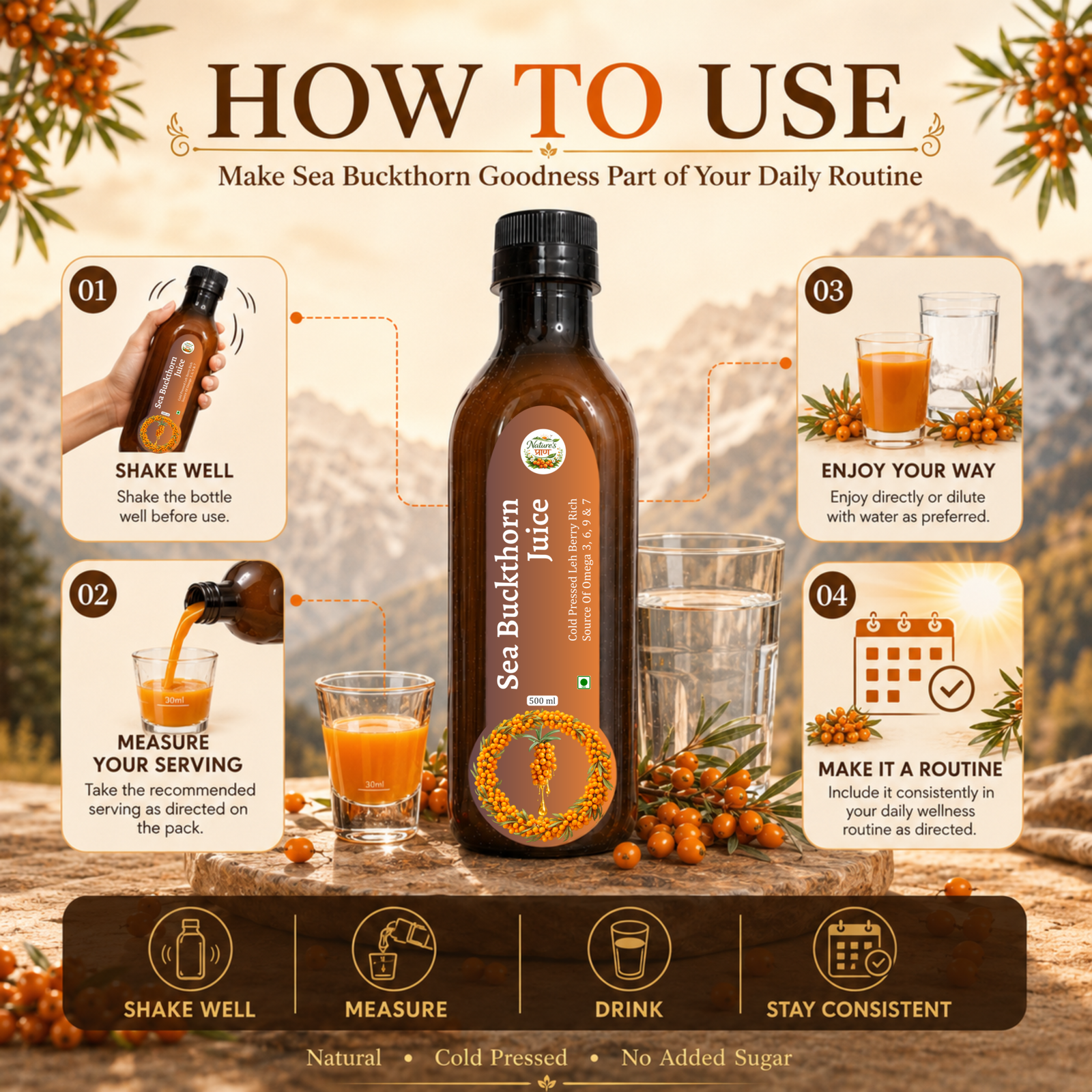 Nature’s Praan Sea Buckthorn Juice 500ml | Cold Pressed Leh Berry | Omega 3, 6, 7 & 9 - Image 10
