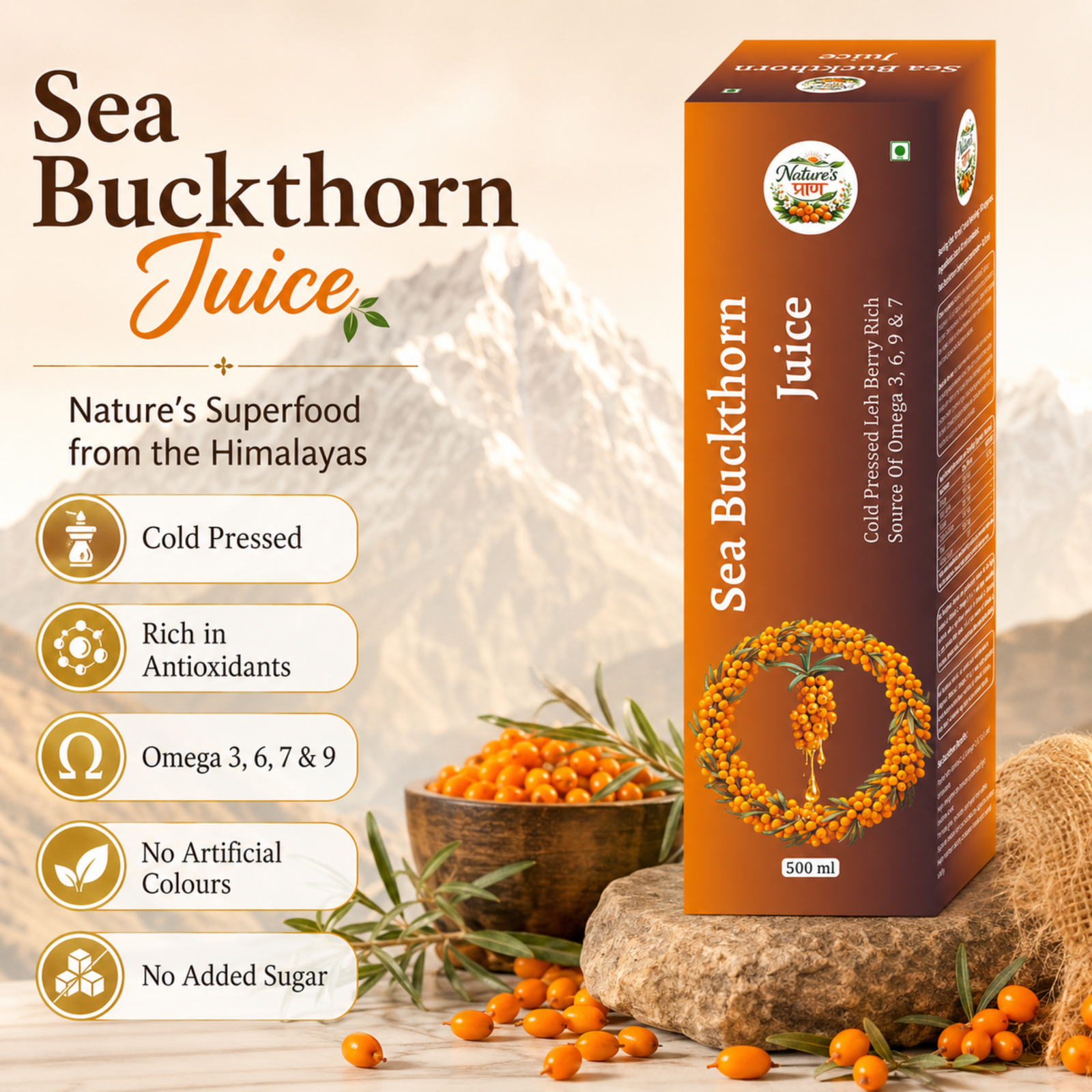 Nature’s Praan Sea Buckthorn Juice 500ml | Cold Pressed Leh Berry | Omega 3, 6, 7 & 9 - Image 2