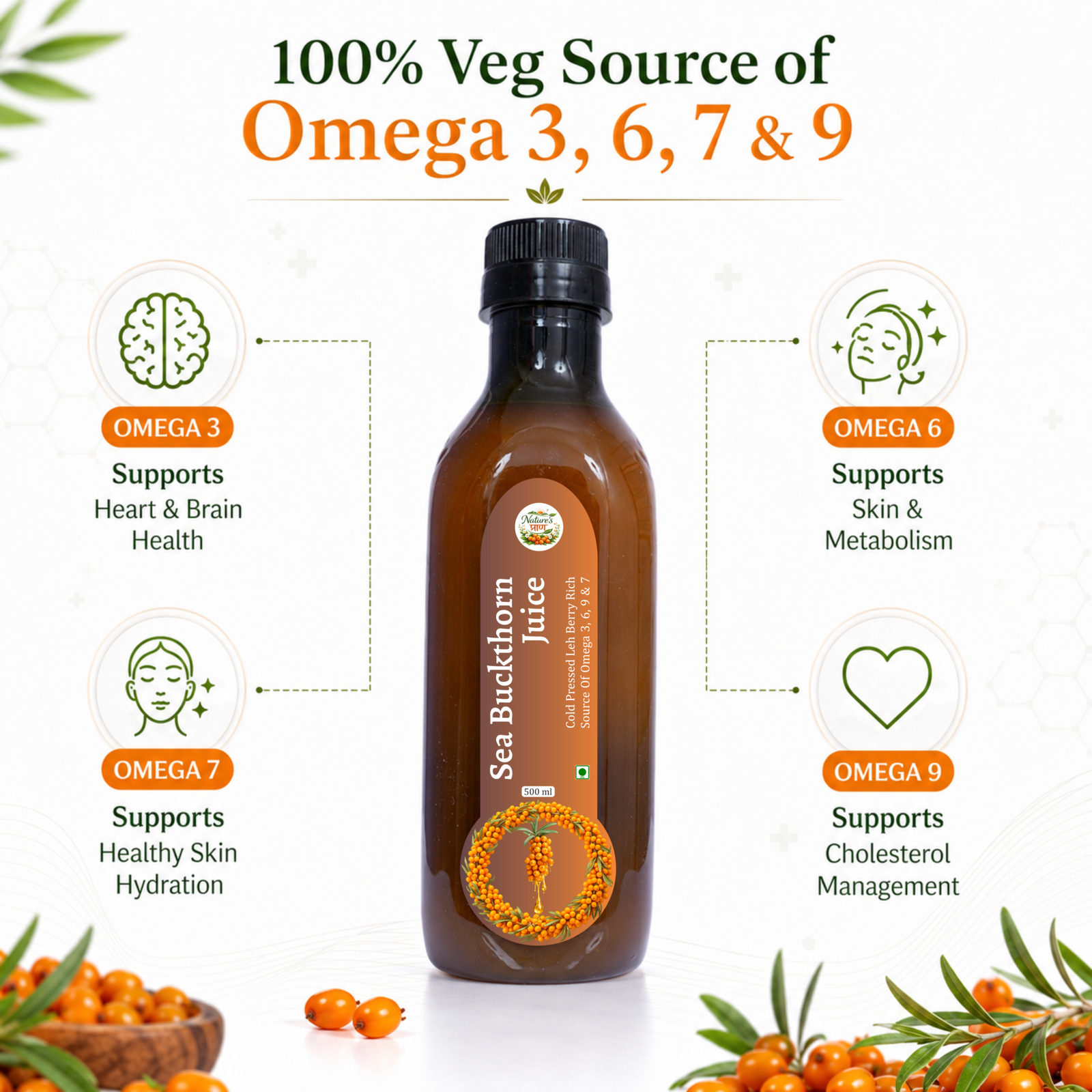 Nature’s Praan Sea Buckthorn Juice 500ml | Cold Pressed Leh Berry | Omega 3, 6, 7 & 9 - Image 8