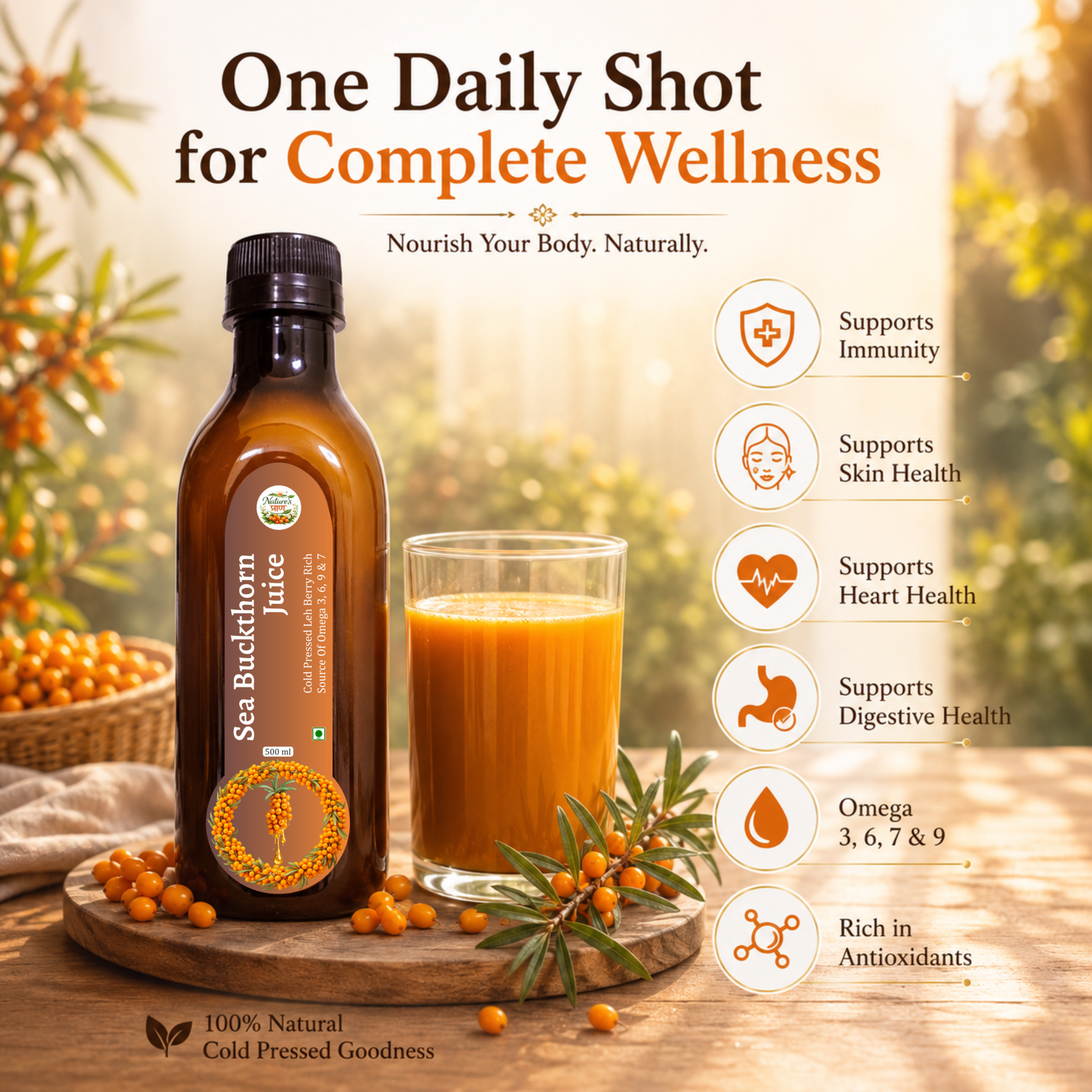 Nature’s Praan Sea Buckthorn Juice 500ml | Cold Pressed Leh Berry | Omega 3, 6, 7 & 9 - Image 5